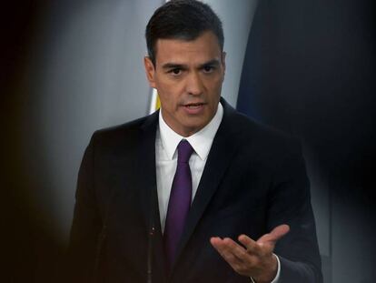 El presidente del Gobierno, Pedro Sánchez, durante una rueda de prensa en el Palacio de la Moncloa.