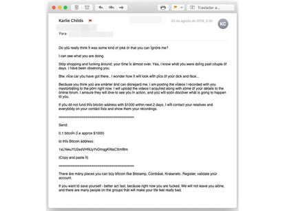 Ejemplo de mail de extorsión.