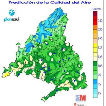 Mapa con los niveles de ozono para mañana.