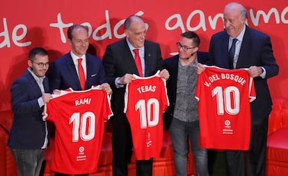 Rami Aboukhair, Javeri Tebas y Vicente del Bosque, en la presentación de LaLiga Genuine.