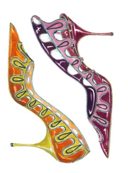 Esboço de um dos sapatos de Manolo Blahnik.