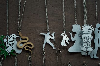 Pendants made from tear gas shells fired by the Israeli military for sale in a store in the Aida refugee camp.