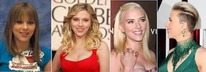 La intérprete siempre ha sorprendido con sus atrevisdos y arriesgados cambios de estilo, y en ellos siempre han jugado un papel fundamental sus peinados. De izqueirda a derecha: Scarlett Johansson en 2002, 2006, 2007 y 2015.