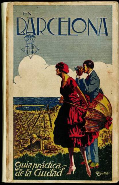 Coberta d&#039;&#039;En Barcelona: Gu&iacute;a pr&aacute;ctica de la ciudad, de 1921, on els visitants guaiten la ciutat des del Tibidabo.