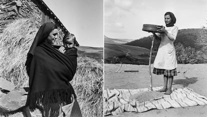 A la izquierda, una joven madre con su primer hijo en Castanheira, Serra da Estrela. A la derecha, una chica tamiza centeno en la región de Manteigas. (1948-1950)