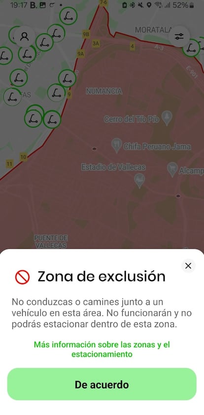 Buelos en un mensaje a los usuarios de la aplicación de Lime cuando clican en la zona de Vallecas, en Madrid.