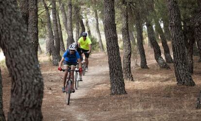 Cyclists in La Pedriza in the Sierra de Guadarrama National Park, Madrid.