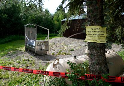 A bear trap set by Montana Fish, Wildlife and Parks is seen on July 7, 2021, in Ovando, Montana.