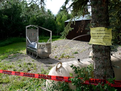 A bear trap set by Montana Fish, Wildlife and Parks is seen on July 7, 2021, in Ovando, Montana.