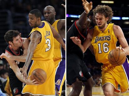 Rudy Fernández intenta dar un pase ante la oposición de Ariza y Odom. A la derecha, Gasol entra a canasta superando el marcaje de Oden.
/ ap