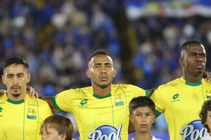 Fabián Sambueza, Aldair Gutiérrez y Fabry Castro, del Atlético Bucaramanga, el 19 de mayo.