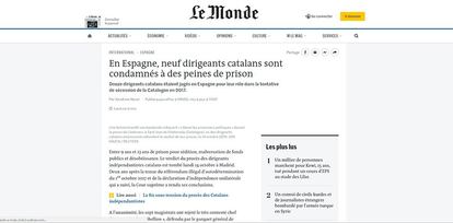 El periódico francés ‘Le Monde’ otorga un segundo plano en su portada a la sentencia y titula con un aséptico “En España, nueve dirigentes catalanes son condenados a penas de prisión”. En la información, destaca la “unanimidad” del tribunal para dictar una sentencia “histórica”.