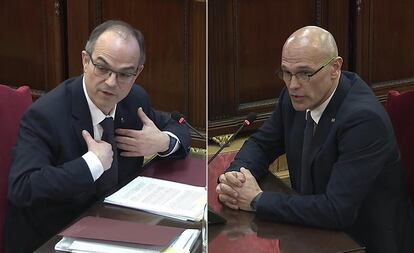 Momentos en los que declaran Jordi Turull y Raül Romeva durante la sesión que dio comienzo en la segunda semana del juicio del 'procés'. El exconsejero de Presidencia Jordi Turull, que se encargó de la logística del 1-O, se defendió de los delitos de rebelión, sedición y malversación e intentó hacer creer que la consulta ilegal no había tenido coste alguno. Romeva, titular de Exteriores del Gobierno catalán en aquel momento, proclamó la legalidad de la consulta y del 'procés'.