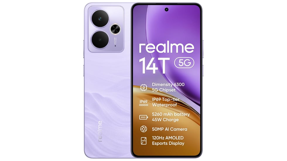 En púrpura, verde y negro: móvil de gama baja realme 14T 5G.