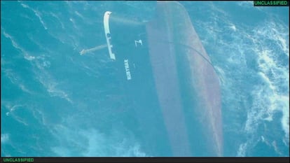 The UK-owned vessel Rubymar, which had sunk in the Red Sea after being struck by an anti-ship ballistic missile fired by Yemeni Houthi militants, is seen in this aerial view released on March 3, 2024