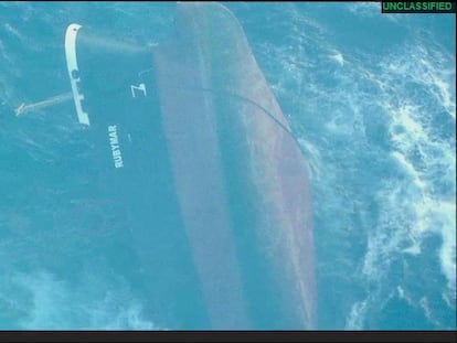 The UK-owned vessel Rubymar, which had sunk in the Red Sea after being struck by an anti-ship ballistic missile fired by Yemeni Houthi militants, is seen in this aerial view released on March 3, 2024.
