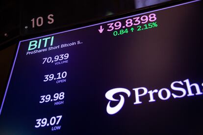 Detalle del precio de ETF ProShares Short Bitcoin Strategy (BITI) en el parqué de la Bolsa de Valores de Nueva York el 27 de junio de 2022.