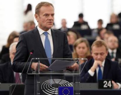 El presidente del Consejo Europeo, Donald Tusk, habla durante la &uacute;ltima cumbre europea.