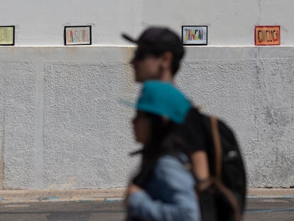 Dos jóvenes pasan por delante del IES Columela, en Cádiz, con carteles con expresiones típicas gaditanas.