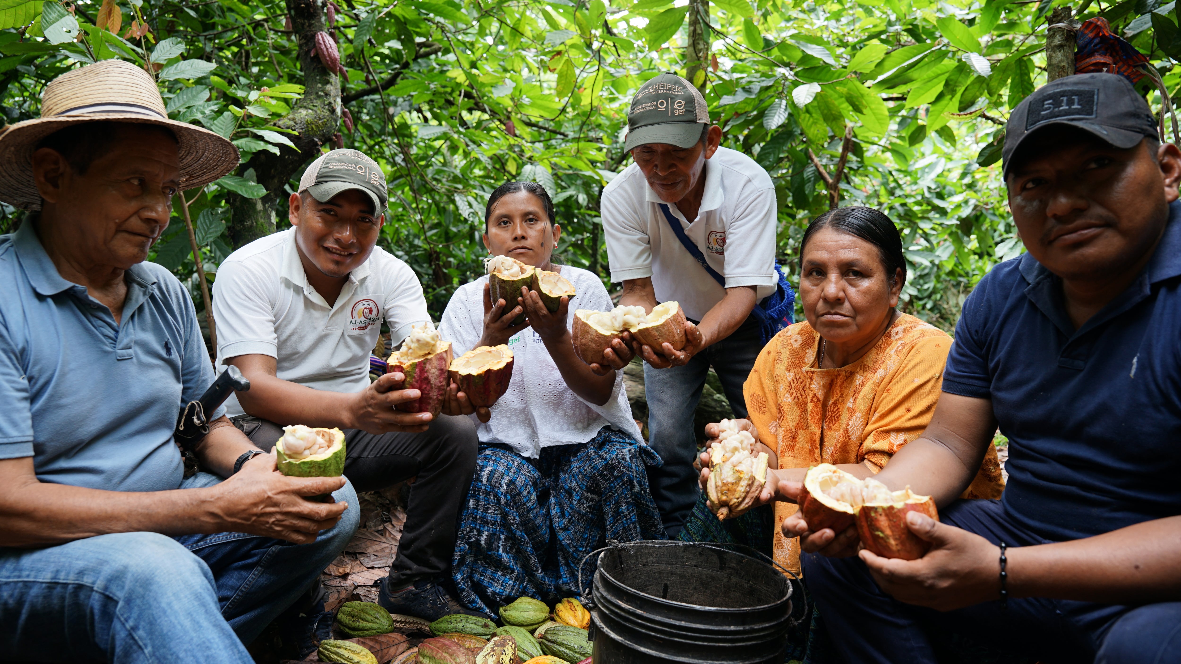 Concepción Yat Rax, junto a cacaoteros de la asociación ASIPASM, con su nueva cosecha para exportación.