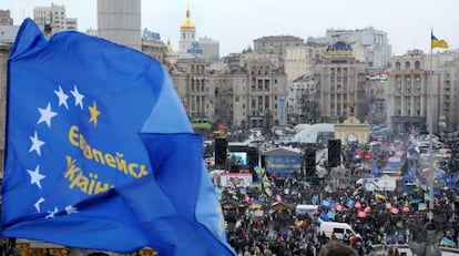 La protesta proeuropea en la plaza de la Independencia de Kiev el s&aacute;bado.