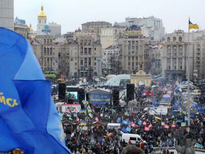 La protesta proeuropea en la plaza de la Independencia de Kiev el s&aacute;bado.