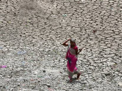 Una mujer camina por una zona seca del río Sabarmati, en un caluroso día en Ahmedabad (India).