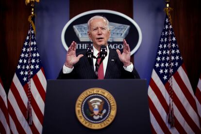 El presidente de Estados Unidos, Joe Biden, durante un discurso en el Pentágono, en Arlinton (Virginia), el pasado 10 de febrero.