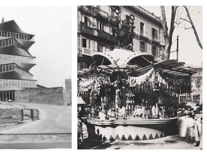 Left, the JORBA laboratory tower, popularly known as The Pagoda. Right, the Canaletas kiosk demolished in 1951.