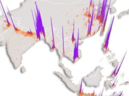 Las zonas con tonos más oscuros indican donde mayor es el riesgo de aparecer brotes del virus aviar H7N9
