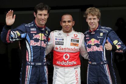 De izquierda a derecha, Mark Webber, Lewis Hamilton y Sebastian Vettel, ayer en Canadá.