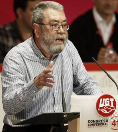 El secretario general de UGT, Cándido Méndez, durante su intervención en la inauguración del 41 Congreso confederal del sindicato que se celebra hasta el sábado, 13 de abril, en Madrid, bajo el lema "La unión por el trabajo. Acción y Solidaridad". EFE/Ballesteros