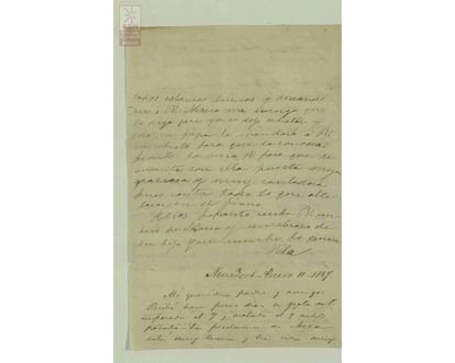 Correspondencia familiar. Carta de Margarita Maza a Benito Jurez, en la que le comunica las buenas noticias recibidas de la situacin de Mxico y sus deseos de reunirse pronto con l, "Cada da que pasa me parece un siglo"; hay un saludo de su hija Vela, y tambin de Pedro Santacilia. Nueva York, 11 de enero de 1867.