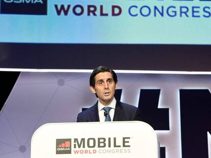 José María Álvarez-Pallete, en la conferencia inaugural del Mobile World Congress de Barcelona.