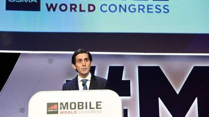 José María Álvarez-Pallete, en la conferencia inaugural del Mobile World Congress de Barcelona.