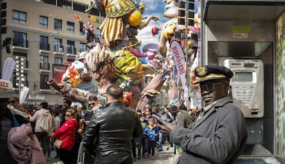 The bustling streets of Valencia during its world-famous Fallas fiestas.