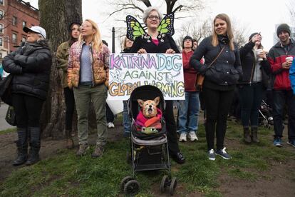 Varias personas protestan en la ciudad de Boston. En la imagen, una mujer lleva en un carrito de bebé a un perro de peluche. Ella porta un cartel en el que se lee: 'El perro Katrina en contra del calentamiento global'.