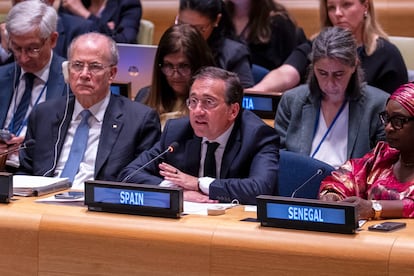José Manuel Albares, ministro español de Exteriores, este lunes en la conferencia, en Nueva York. 