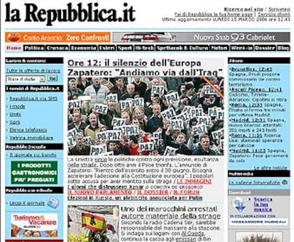 El periódico italiano <i>La Repubblica</i> destaca en su portada las convocatorias en toda Europa para rendir homenaje con tres minutos de silencio a las víctimas de los atentados de Madrid y le da cabida a la intención de Zapatero de sacar a las tropas españolas de Irak.