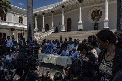 Juan Guaidó durante la conferencia de prensa de esta mañana.