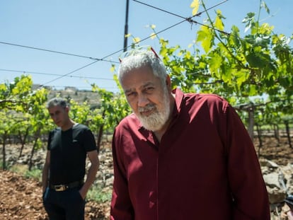 El empresario israelí David Ben Shabbat, con un socio palestino en un viñedo de Hebrón.