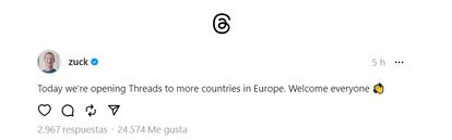 Meta CEO Mark Zuckerberg announced the arrival of Threads in Europe on his Threads account.