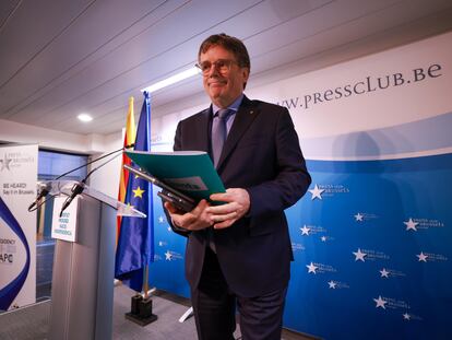 Carles Puigdemont, este lunes durante su comparecencia en Bruselas.