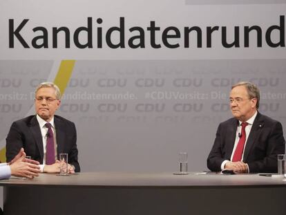 De izquierda a derecha, Friedrich Merz, Norbert Roettgen y Armin Laschet, candidatos a suceder a Angela Merkel al frente de la CDU.