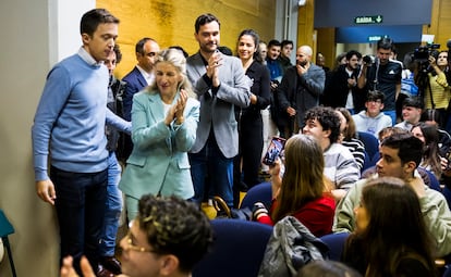 Yolanda Díaz e Íñigo Errejón, durante el acto en la Facultad de Políticas de la Universidad de Santiago de Compostela, este jueves.