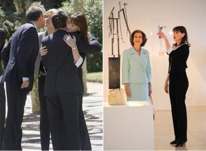 Los matrimonios Sarkozy-Bruni y Rodríguez Zapatero-Espinosa, en La Moncloa. A la derecha, la Reina y Carla Bruni, en el Reina Sofía.