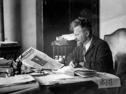 Leon Trotsky at his desk inside his house in Mexico.