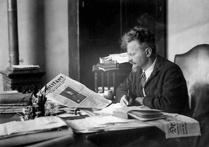 Leon Trotsky at his desk inside his house in Mexico.