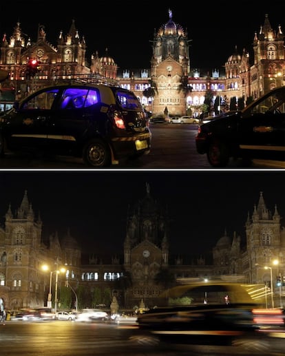 Vista de la estación Chhatrapati Shivaji de Bombay (India), antes y después de la Hora del Planeta.