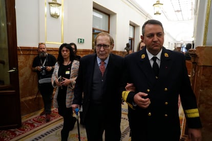 Ramón Tamames, a su llegada al debate de la moción de censura de Vox contra Pedro Sánchez, este martes.